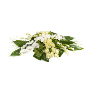 Afscheidsbloemen Calla Orchidee Rozen kistversiering wit