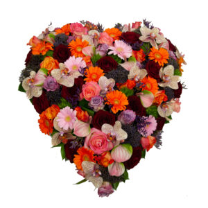 Afscheidsbloemen hart oranje paarse kleuren