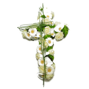 Afscheidsbloemen modern bloemstuk kruisvorm